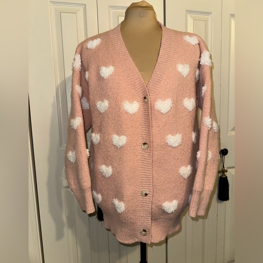 Charming Pink Heart Women's Button Cardigan